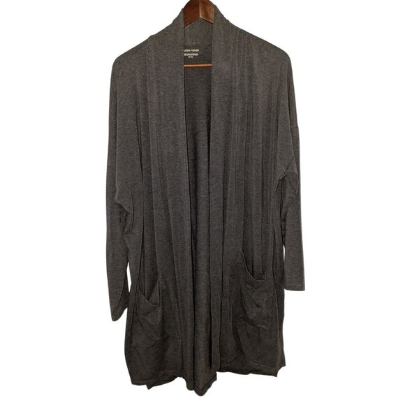 Eileen Fisher Sweaters - Eileen Fisher Womens Charcoal Gray Open Front Cardigan Pockets XL Relaxed Fit Li